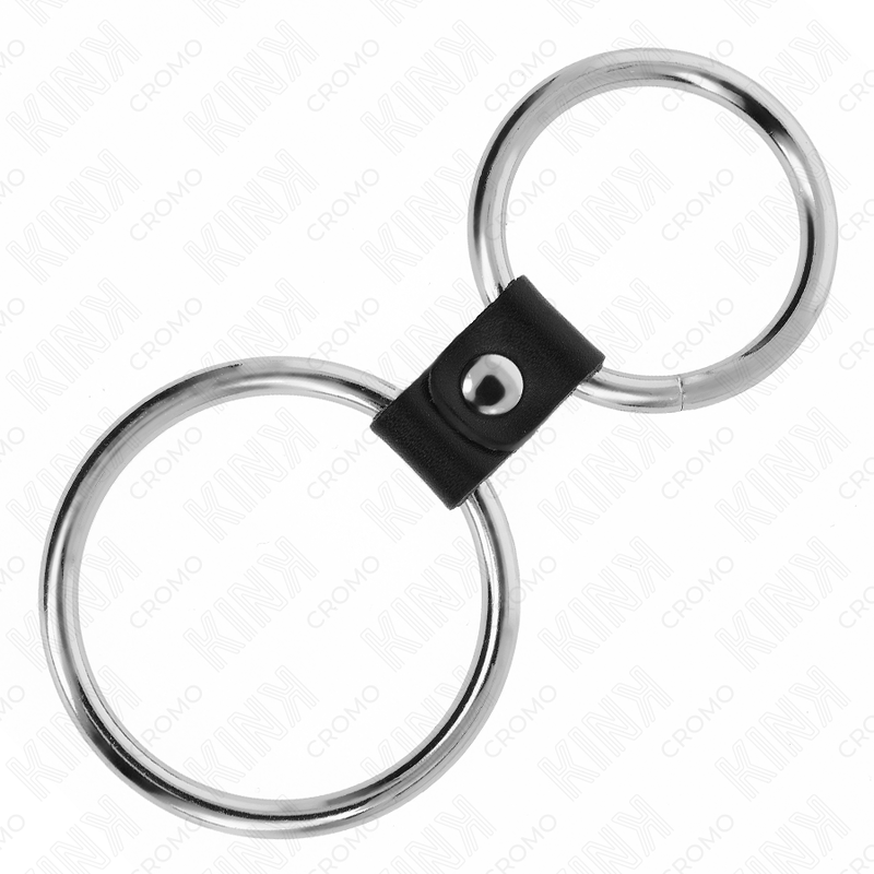 KINK - ANEL DE PÊNIS DUPLO DE METAL 3,7 CM A 5 CM CONECTADO POR TIRA DE COURO MODELO 1